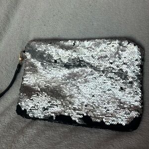 Black & Silver Sequin Clutch Travel Bag with fuzzy back